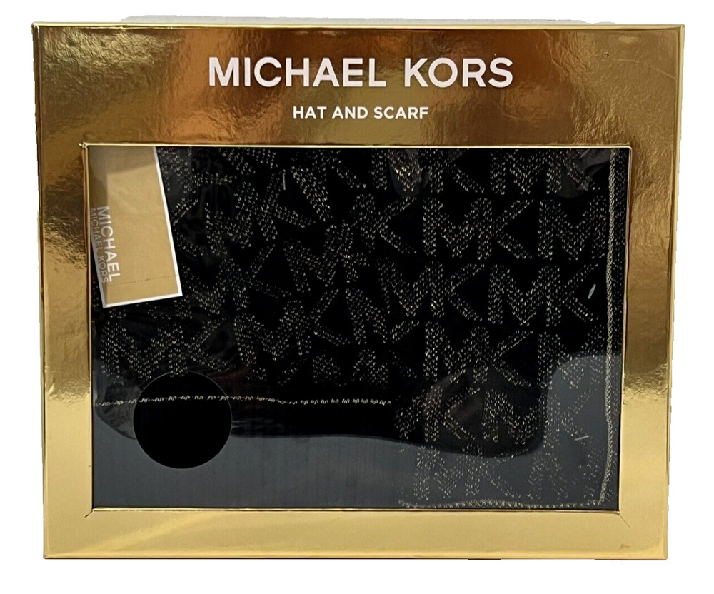 Michael Kors 2 Piece Set Hat and Scarf Black and Gold MK Logo NIB MSRP $98